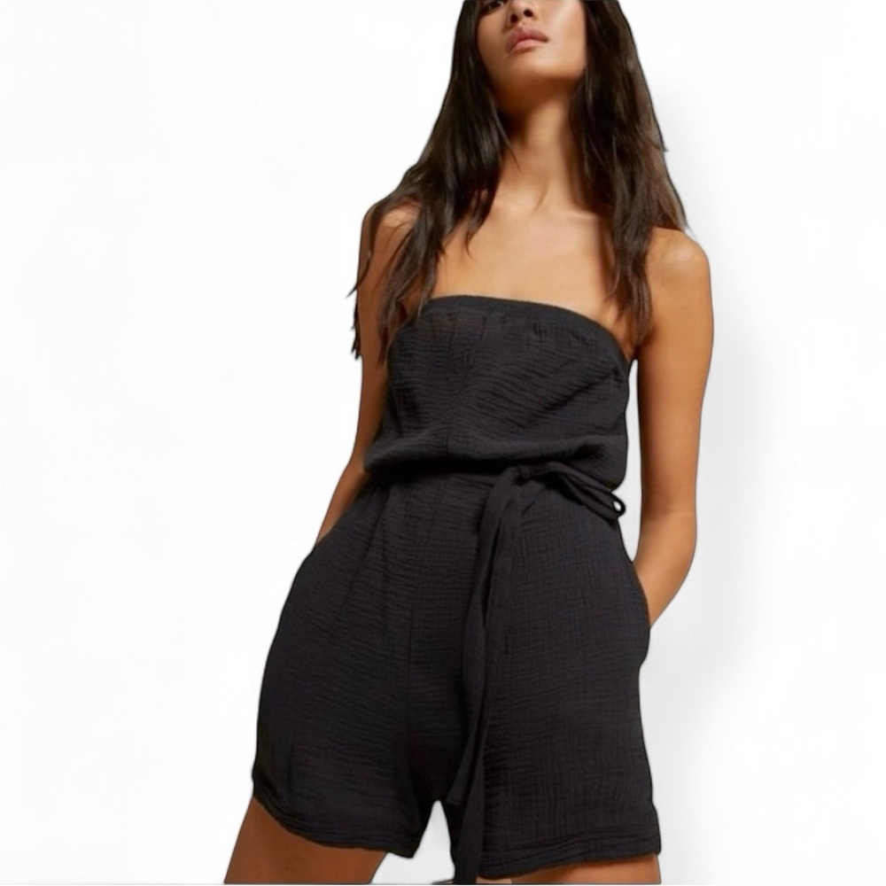 Nation LTD Gita Strapless Belted Loose Romper Pocket Black Cotton Gauze small